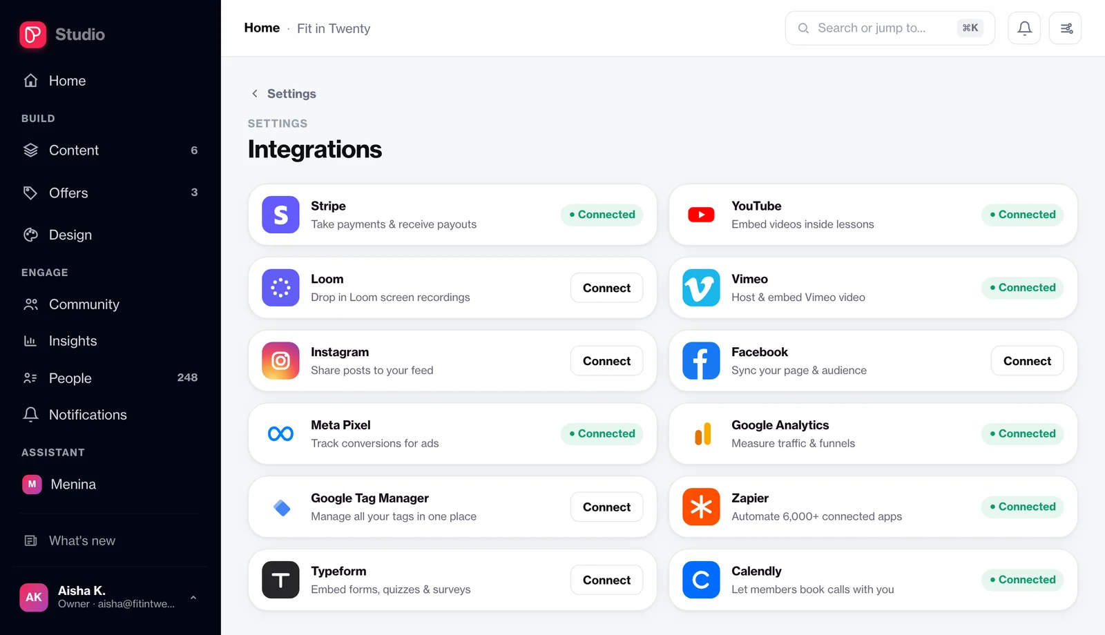 Connect integrations in your Studio