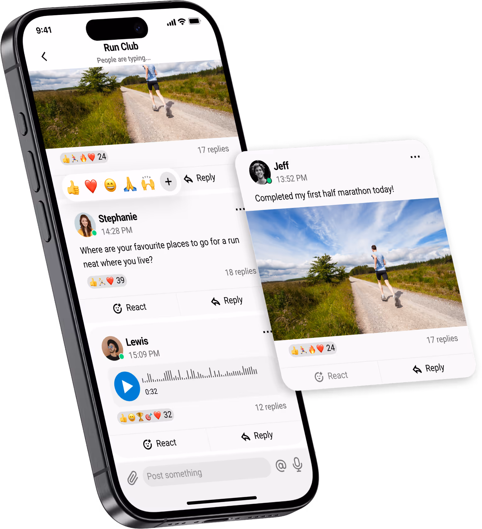 A community feed in a Passion App with posts, replies and reactions